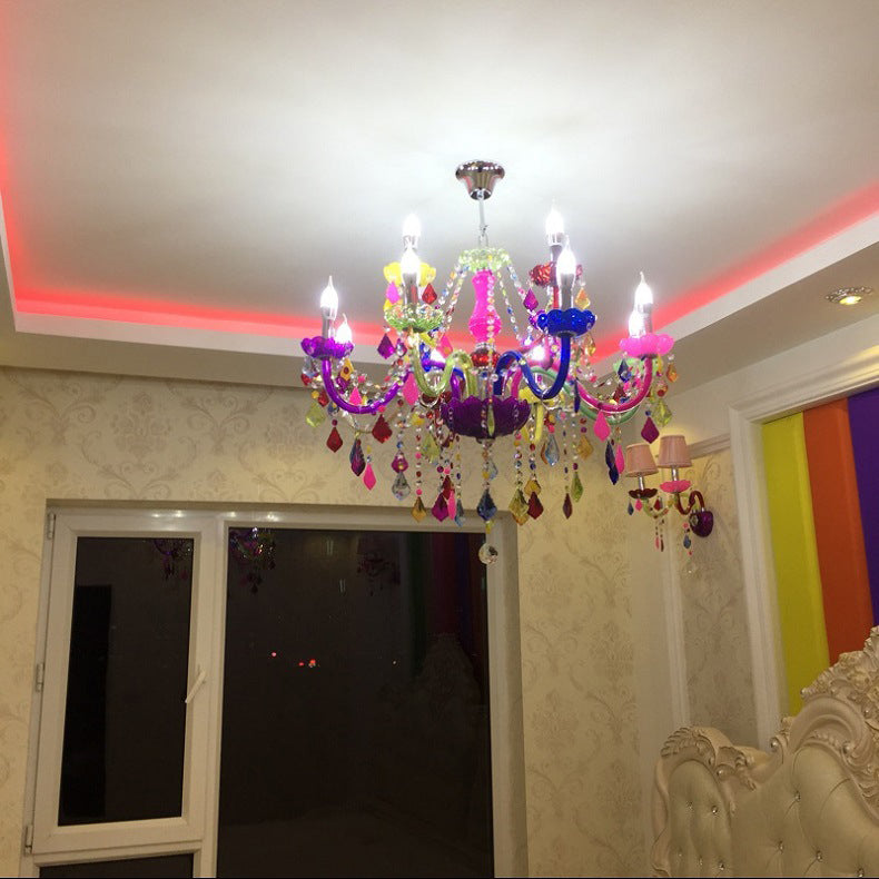 Traditional European Glass Crystal Metal Fabric Candlestick Holder Inflorescence 6-light Chandeliers for Living Room BulbSquare