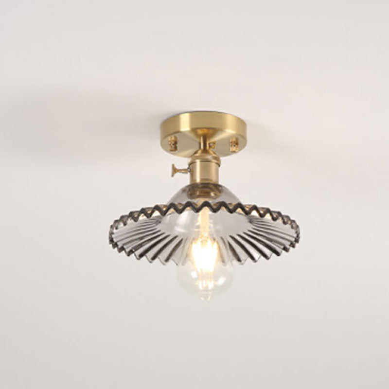 Japanese Vintage Glass Brass Lotus 1-Light Semi-Flush Mount Ceiling Light Lumendat