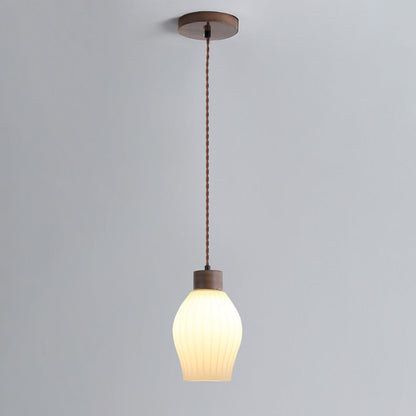 Traditional Japanese Walnut Glass Ball Round Bottle Ribbed 1-light Pendant Light for Dining Room