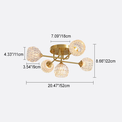 Mid-century Modern Round Copper Crystal Glass 5-light Semi-flush Mount Ceiling Light