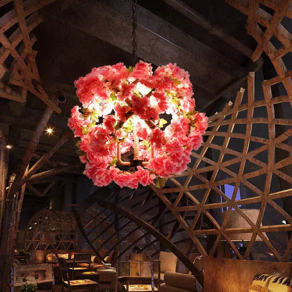 Industrial Vintage Simulation of Greenery Cherry Blossoms Iron Hemp Rope 3-light Chandelier Lumendat