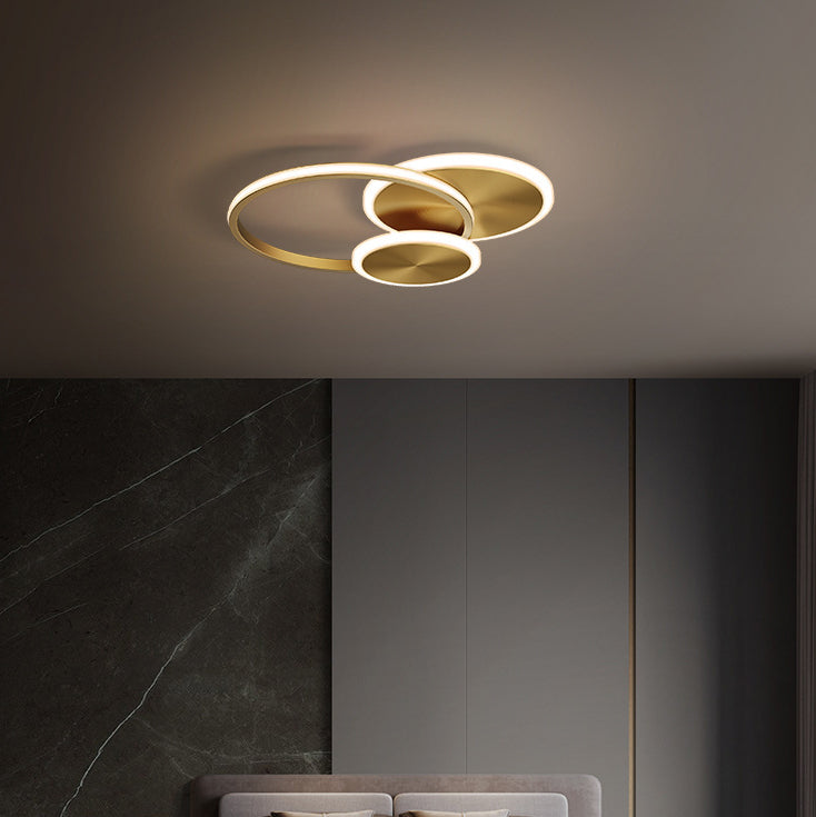 Modern Minimalist Triple Circle Full Copper Acrylic LED Flush Mount Ceiling Light for Bedroom