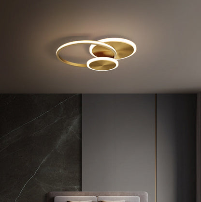 Modern Minimalist Triple Circle Full Copper Acrylic LED Flush Mount Ceiling Light for Bedroom