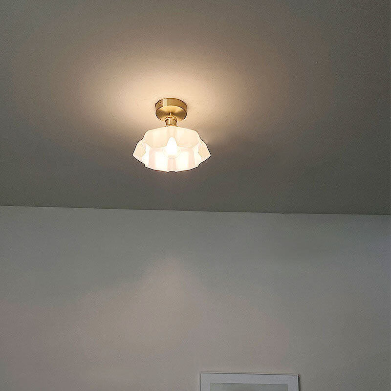 Japanese Vintage Cream Glass Floral Brass 1-Light Semi-Flush Mount Ceiling Light Lumendat