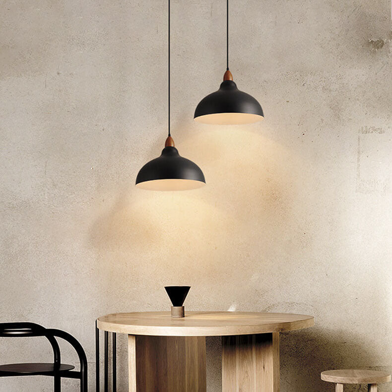 Japanese Simple Iron Dome Solid Wood Top 1-light Pendant Light BulbSquare