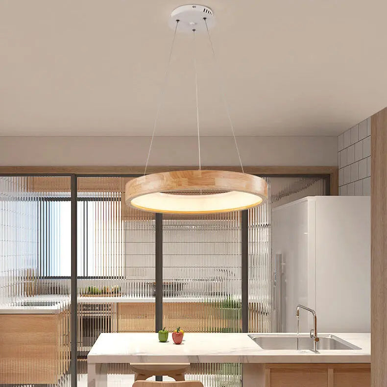 Japanese Minimalist Log Circle Island Light LED Chandelier – Dimmable Lumendat
