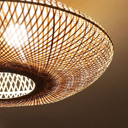 Japanese Bamboo Weaving Round Flying Saucer 3-light Semi-flush Mount Light