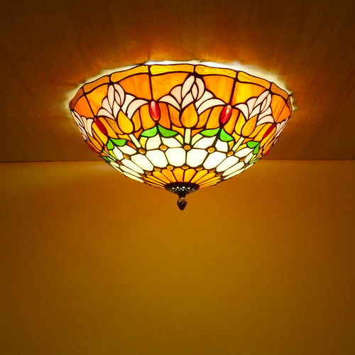 Traditional Tiffany Tulip Stained Glass Iron Dome 2/3-light Flush Mount Ceiling Light for Living Room