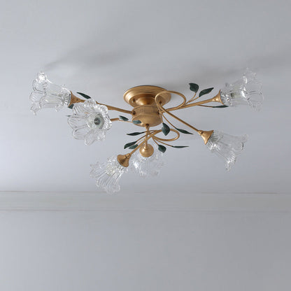 Traditional European Floral Iron Glass 6/8/10 Light Semi-flush Mount Ceiling Light for Bedroom