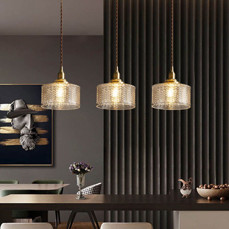 Traditional Vintage Round Wavy Glass Copper 1-light Drum Pendant Light for Living Room BulbSquare