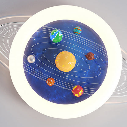 Modern Minimalist Children Round Planet Iron Resin Acrylic LED Flush Mount Ceiling Light for Bedroom