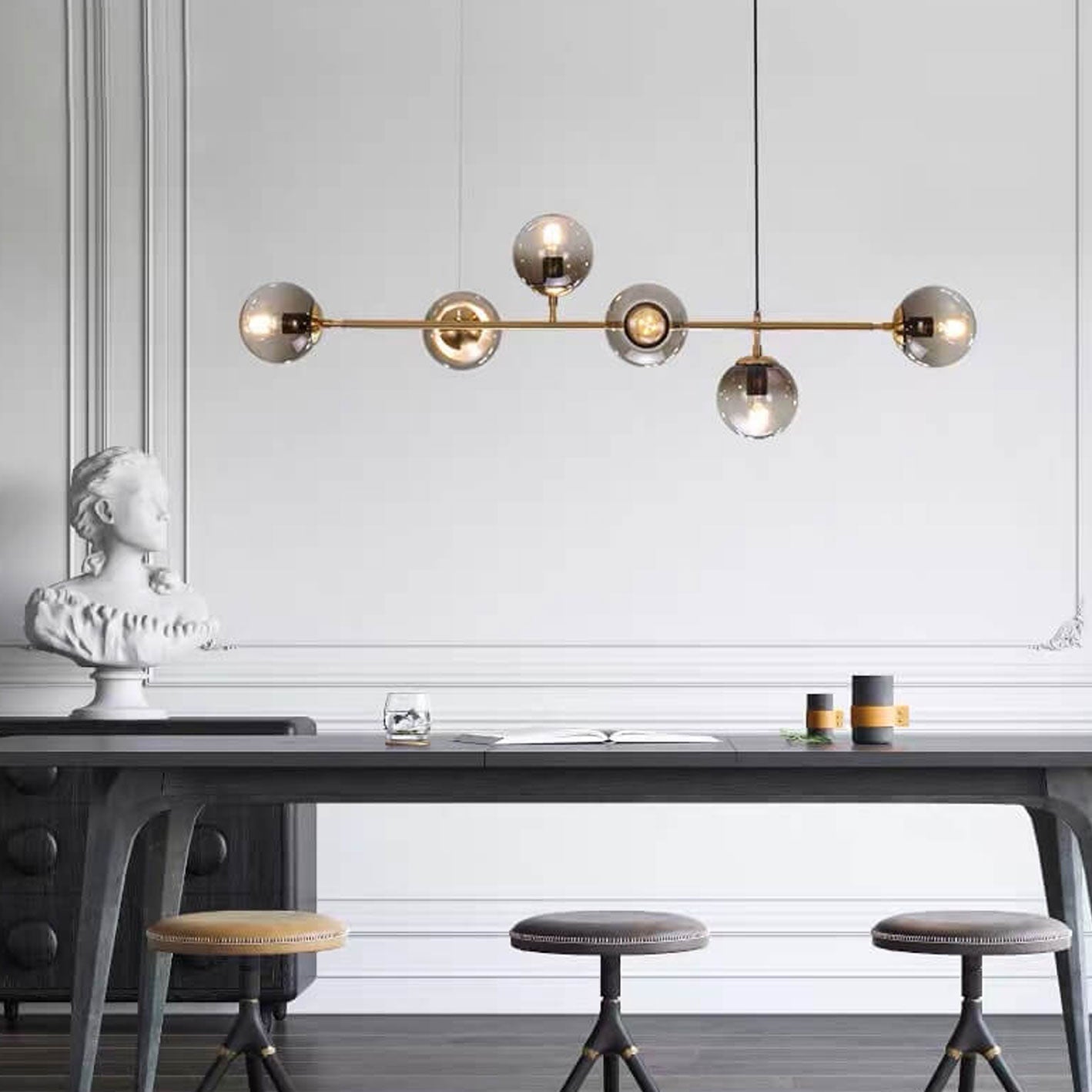 Modern Minimalist Long Glass Round Globe Island Light 6-light Chandelier BulbSquare