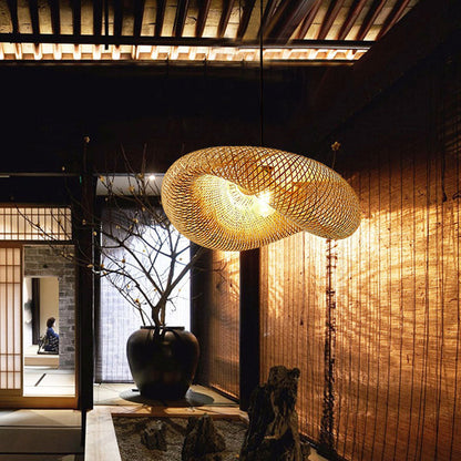 Traditional Japanese Straw Hat Bamboo Weaving Iron 1-light Pendant for Dining Room