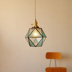 Traditional Vintage Polygonal Brass Stained Glass 1-light Pendant Light for Living Room