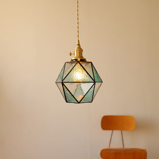 Traditional Vintage Polygonal Brass Stained Glass 1-light Pendant Light for Living Room