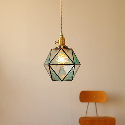 Traditional Vintage Polygonal Brass Stained Glass 1-light Pendant Light for Living Room