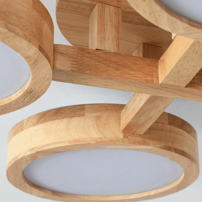 Contemporary Scandinavian Round Rubberwood LED Flush Mount Ceiling Light for Living Room