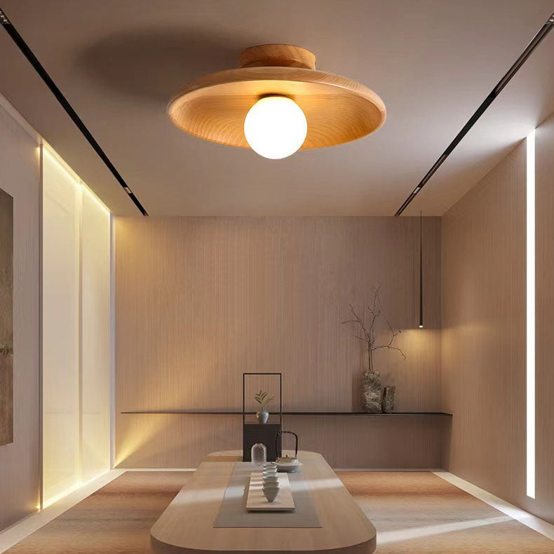 Modern Simplicity Rubberwood Glass Round 1-Light Semi-Flush Mount Ceiling Light For Hallway Lumendat