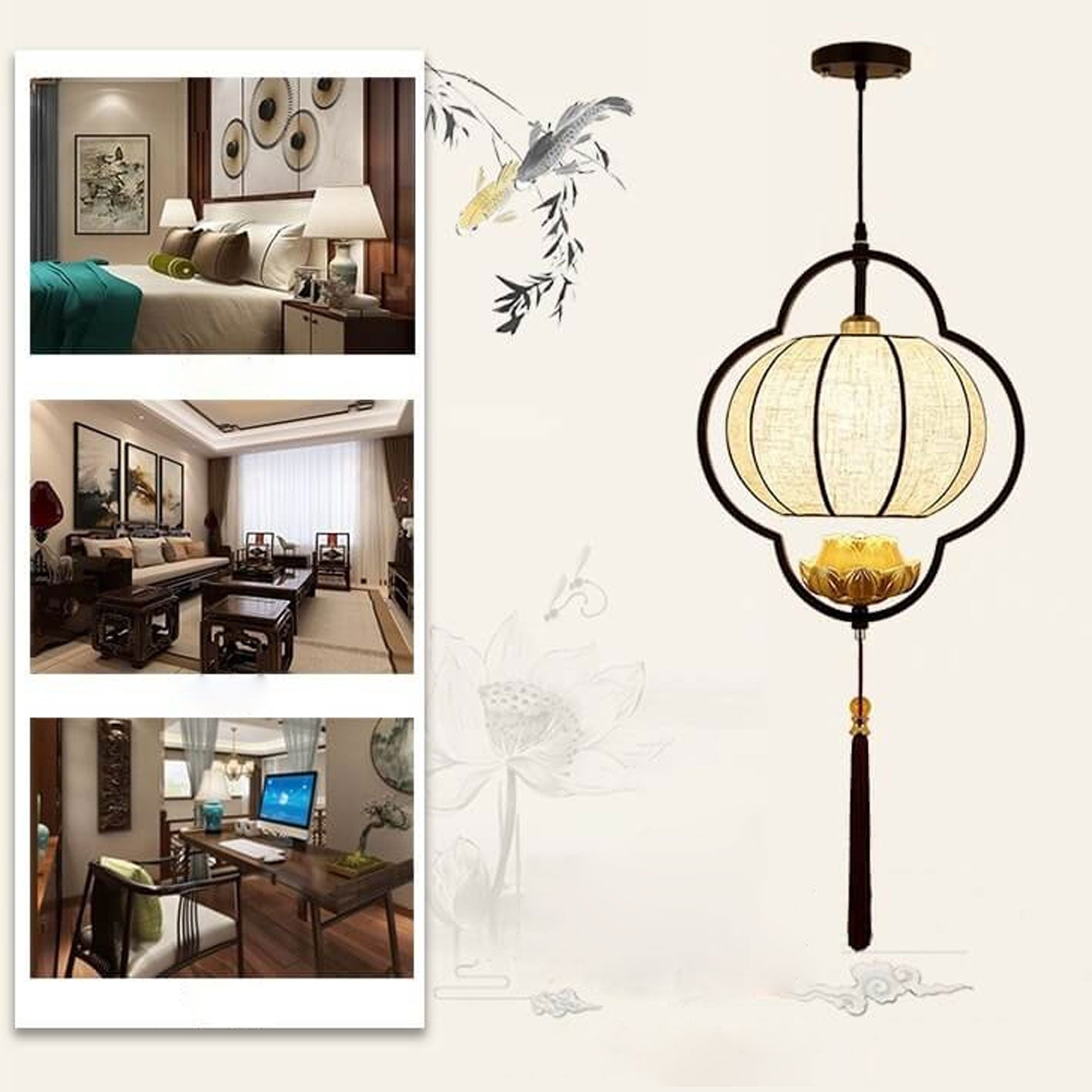 Traditional Chinese Luxury Wrought Iron Fabric 1-Light Pendant Light For Living Room Lumendat