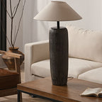 Japanese Wabi-sabi Fabric Shade Ceramic Column Base 1-Light Standing Floor Lamp Lumendat
