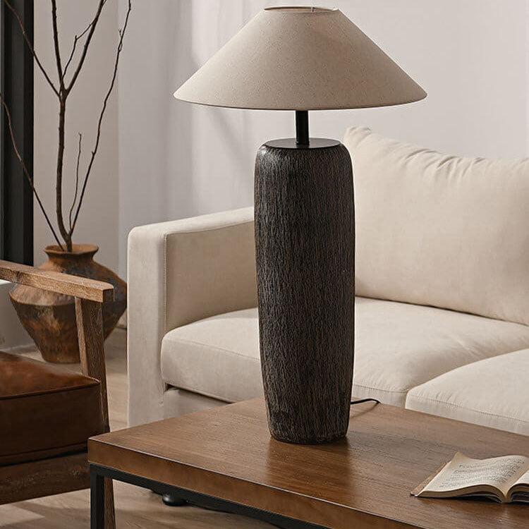 Japanese Wabi-sabi Fabric Shade Ceramic Column Base 1-Light Standing Floor Lamp Lumendat