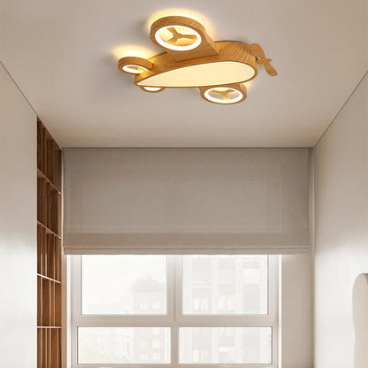 Cartoon Creative Wood Grain Aircraft LED Kids Flush Mount Ceiling Light