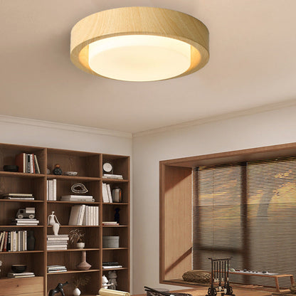 Traditional Japanese Round Glass Wood Grain LED Flush Mount Ceiling Light for Bedroom
