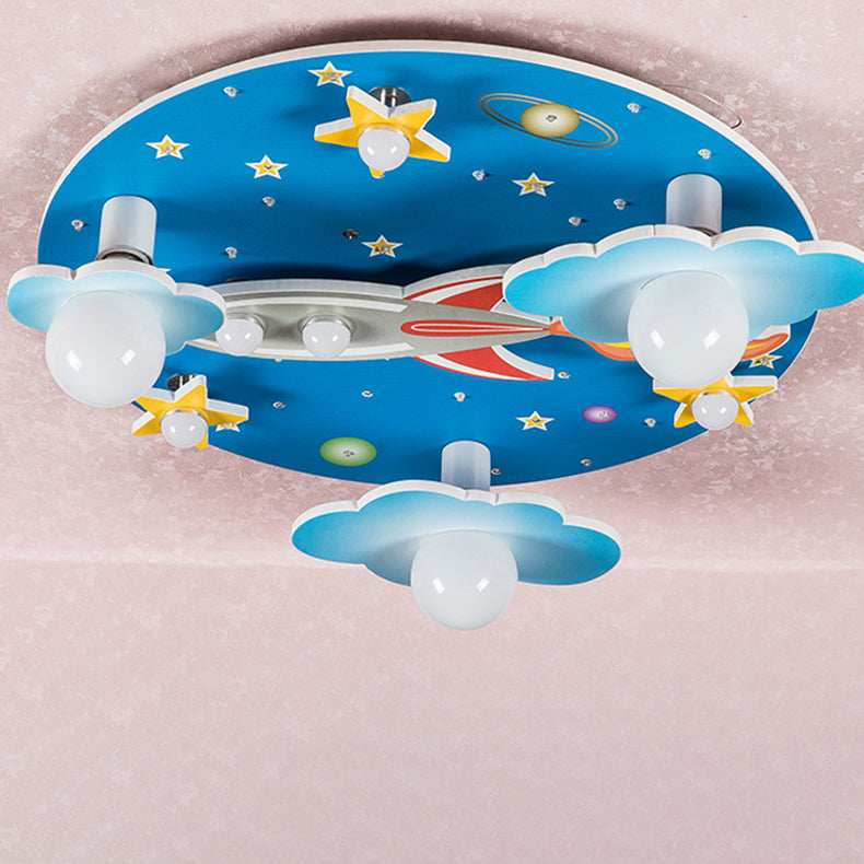 Lumendat Modern Art Deco Kids Wood Plastic Round Rocket Starry Sky LED Flush Mount Ceiling Light For Bedroom Lumendat