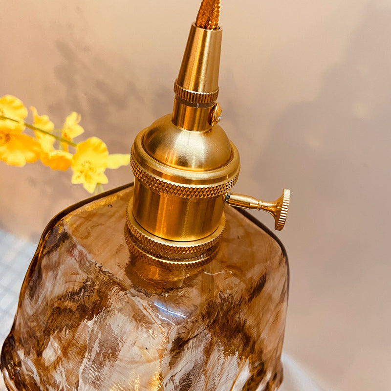 Traditional Vintage Amber Square Glass Brass 1-light Pendant Light for Living Room BulbSquare