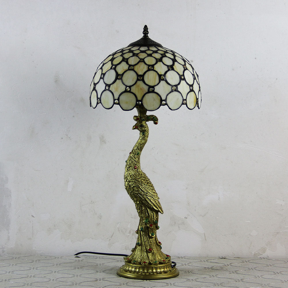 Vintage Tiffany Peacock Gem Dome Glass Resin 1-Light Table Lamp Lumendat