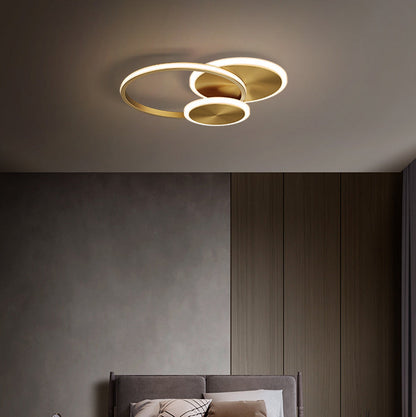 Modern Minimalist Triple Circle Full Copper Acrylic LED Flush Mount Ceiling Light for Bedroom