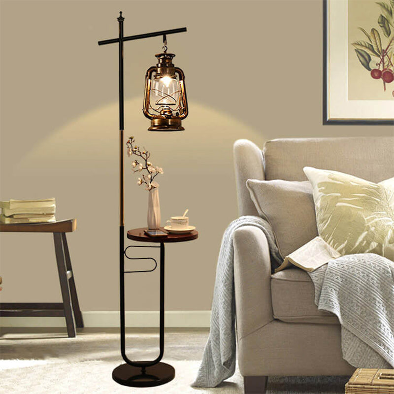 European Vintage Simple Lantern Table Iron Wood Marble 1-Light Standing Floor Lamp Lumendat
