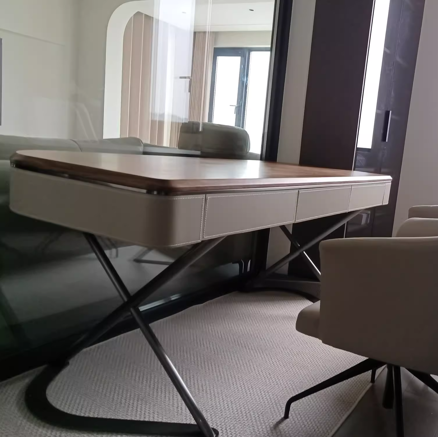 Modern Minimalist Saddle Leather Wood Stainless Steel Oval X-Shape Leg Desks 2-Drawer For Home Office DFM-F