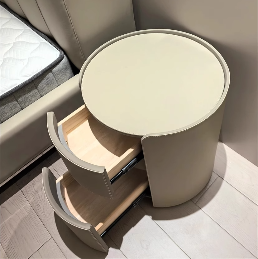 Modern Luxury Round Faux Saddle Leather Nightstand 2-Drawer For Bedroom Lumendat