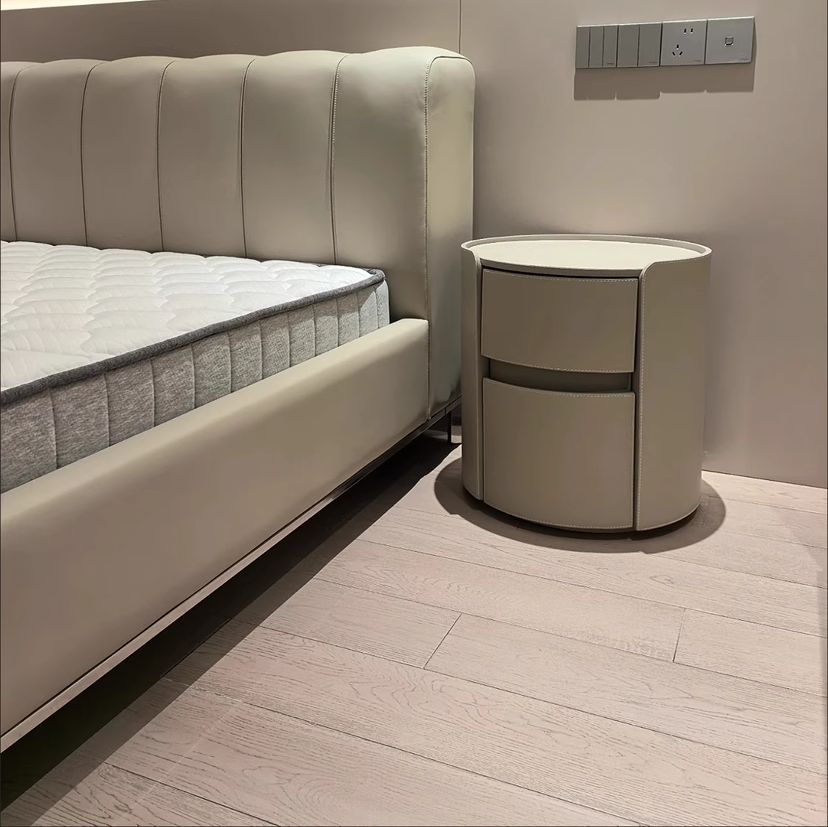 Modern Luxury Round Faux Saddle Leather Nightstand 2-Drawer For Bedroom Lumendat