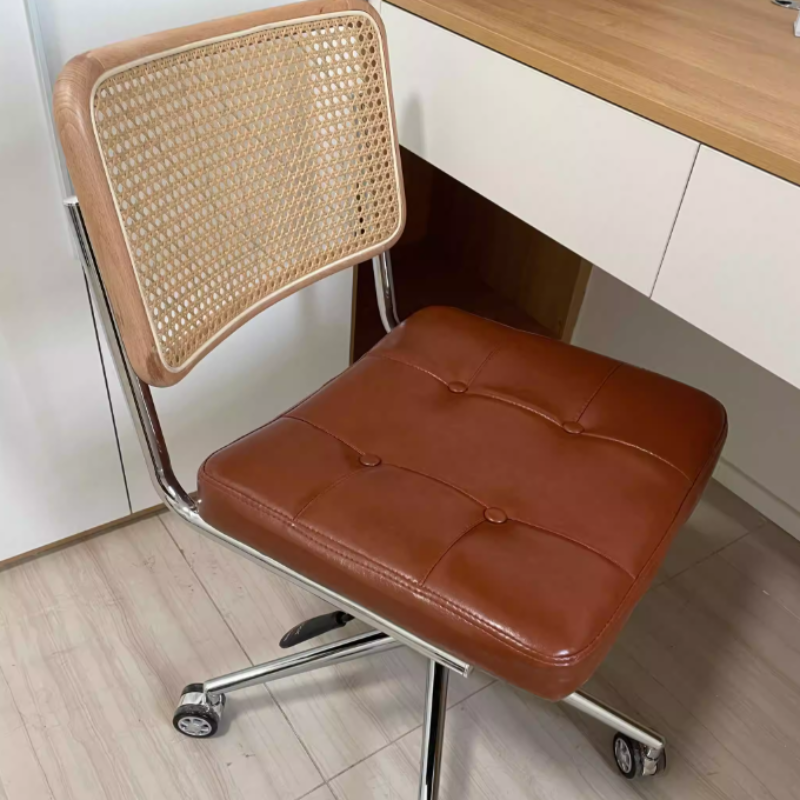 Contemporary Retro Weaving Rattan PU Leather Steel Alloy Liftable Square Desk Chair Backrest For Home Office DFM-F