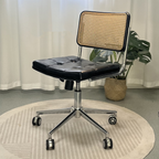 Contemporary Retro Weaving Rattan PU Leather Steel Alloy Liftable Square Desk Chair Backrest For Home Office DFM-F