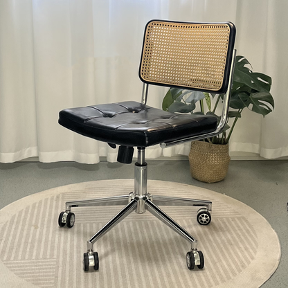 Contemporary Retro Weaving Rattan PU Leather Steel Alloy Liftable Square Desk Chair Backrest For Home Office