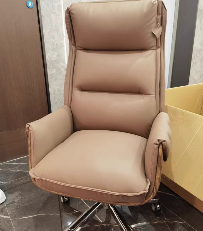 Modern Luxury Genuine Leather Wood & Aluminum Rectangular Back Desk Chair With Footrest & Wheels For Study & Home Office DFM-F