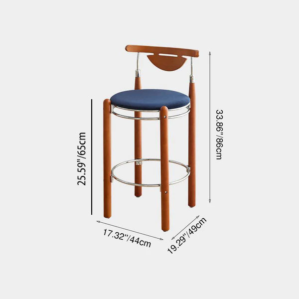 Modern Minimalist Round Solid Wood Plywood Wrought Iron Bar Stool With Backrest Footrest - Beech Wood Legs, Upholstered Sponge Cushions For Dining Room & Kitchen Lumendat
