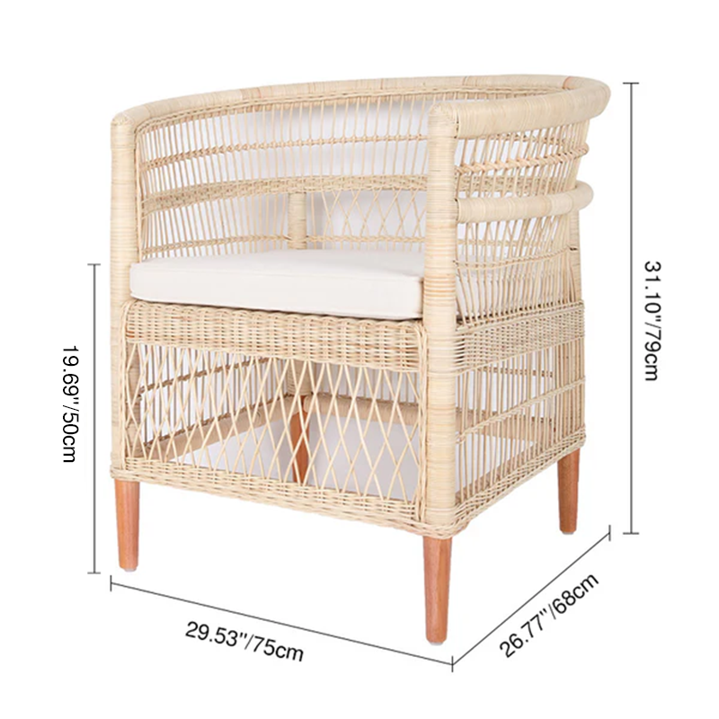 Contemporary Nordic Handwoven Natural Rattan Accent Chair With Round Backrest - Breathable Indoor & Outdoor Lounge Chair For Balcony & Garden Lumendat