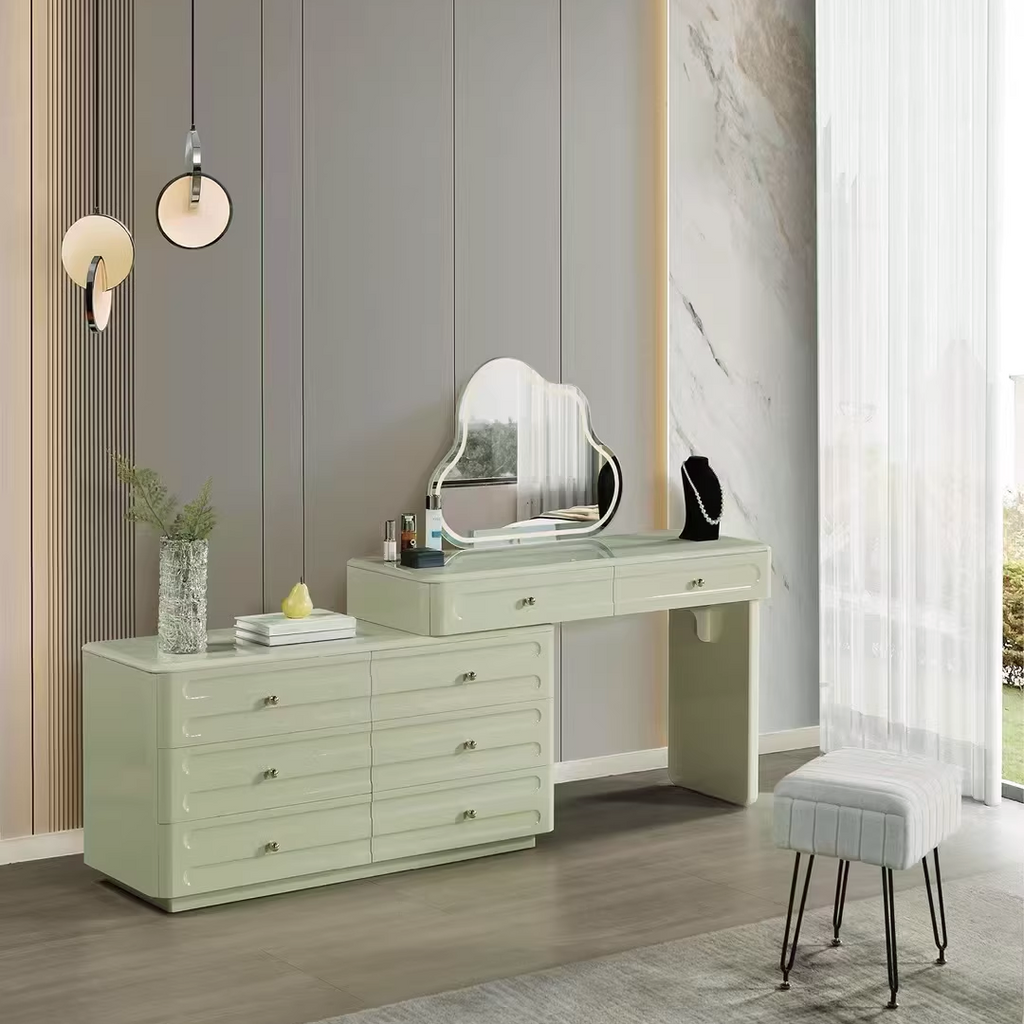 Space-Saving Expandable Dressing Table With Storage - Modern Minimalist MDF & Solid Particle Board Makeup Vanity With 8 Drawers For Bedroom Lumendat