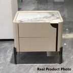 Contemporary Scandinavian Hidden Handle Asymmetry Bedside Table - 2 Drawers Titanium Alloy Base Nightstand For Bedroom Lumendat