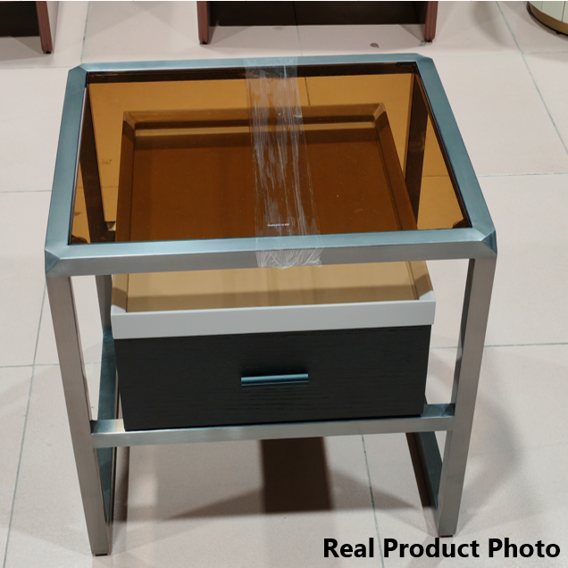 Contemporary Creative Square Stainless Steel Frame Bedside Table - 1 Drawer Nightstand For Bedroom Lumendat