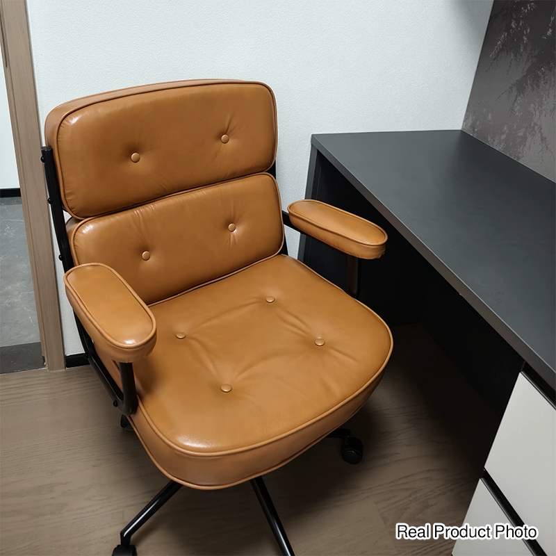 Contemporary Scandinavian Rotatable Rectangular Metal PU & Genuine Leather Sponge Liftable Desk Chair Backrest Armrest For Home Office DFM-F