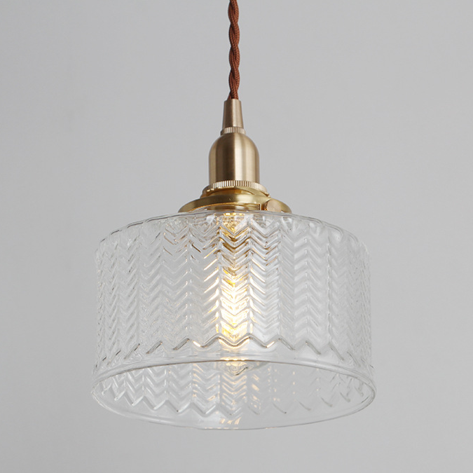 Traditional Vintage Round Wavy Glass Copper 1-Light Drum Pendant Light For Living Room