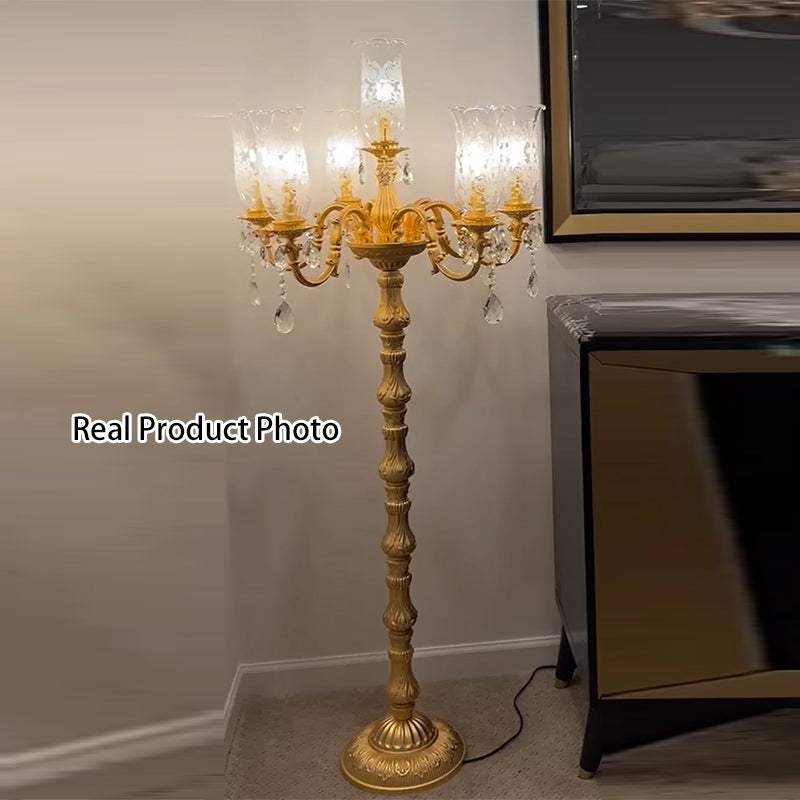 Traditional Luxury Golden Crystal Zinc Alloy Candle Holder 7-Light Standing Floor Lamp For Bedroom Lumendat