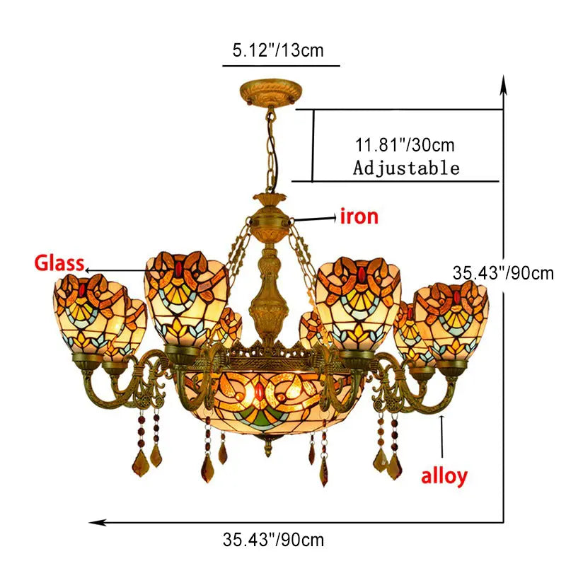 Traditional Tiffany Bead Dome Baroque Iron Glass Alloy 8/11 Light Chandeliers for Living Room BulbSquare
