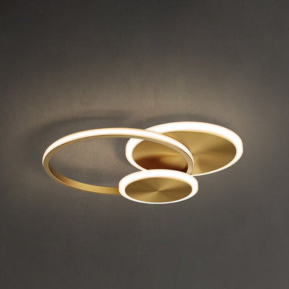 Modern Minimalist Triple Circle Full Copper Acrylic LED Flush Mount Ceiling Light for Bedroom