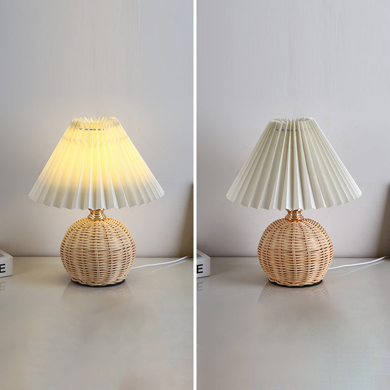 Contemporary Nordic Rattan Fabric Pleated Conic Ball LED Table Lamp For Bedroom Lumendat